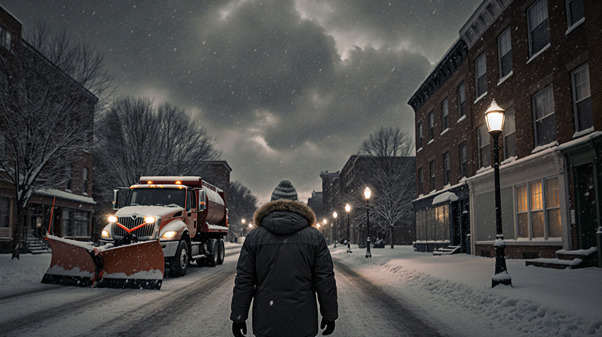 Bundled up person walking down snowy street with snowplow parked and dark gray clouds overhead
