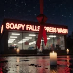 Soapy Falls Express Car Wash sign glowing with neon lights and a red ribbon tied to it with candles nearby