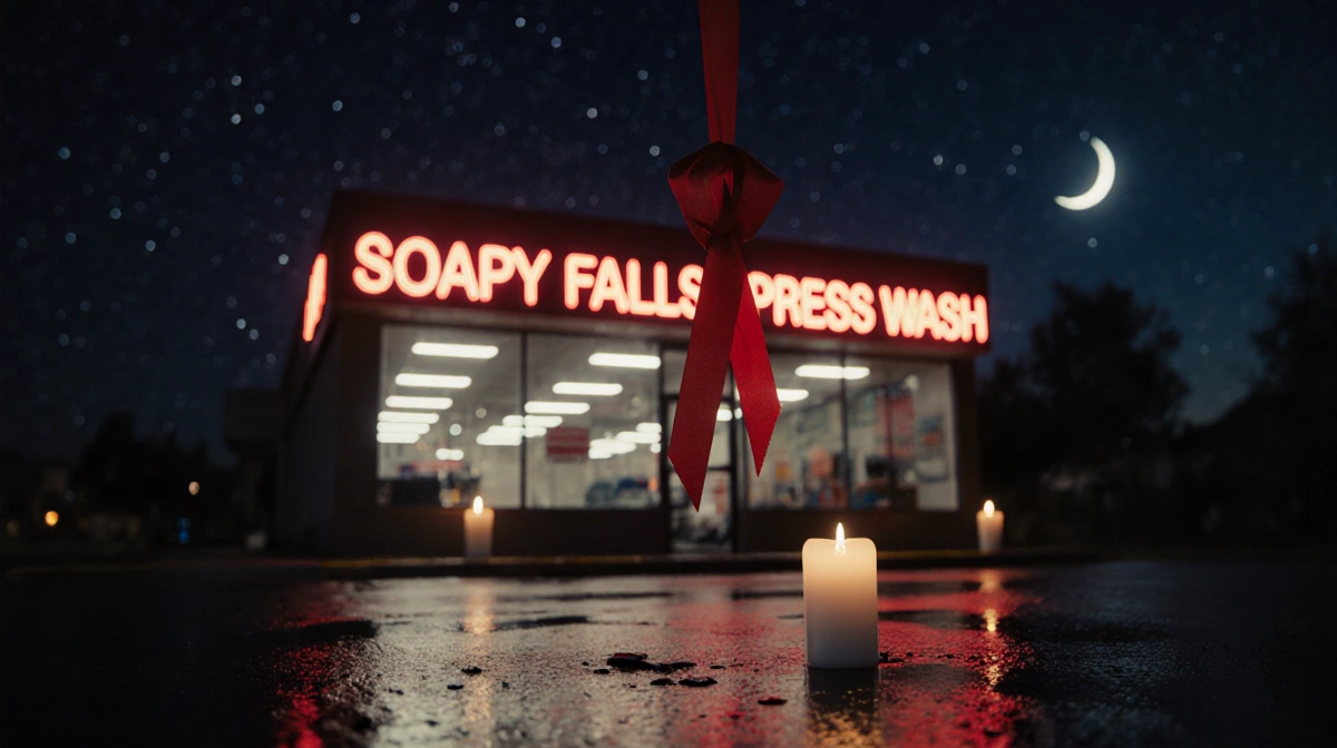 Soapy Falls Express Car Wash sign glowing with neon lights and a red ribbon tied to it with candles nearby