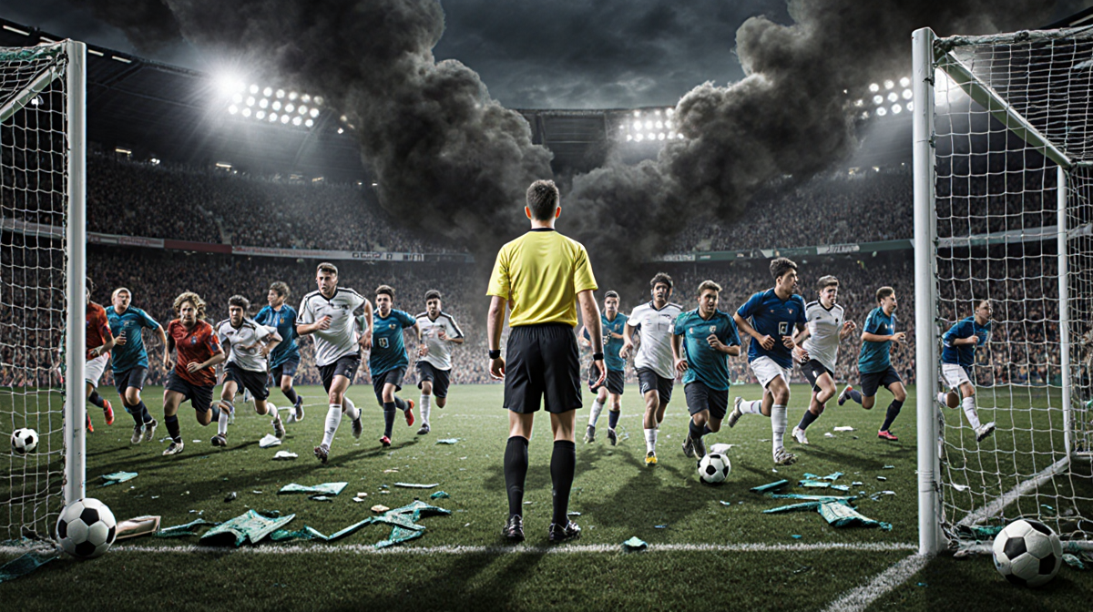 Referee standing frozen in chaotic soccer field with shattered goalposts and fleeing crowd