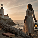 Woman stands at a rugged coastline and gazes at the sea with a lantern beside a lighthouse