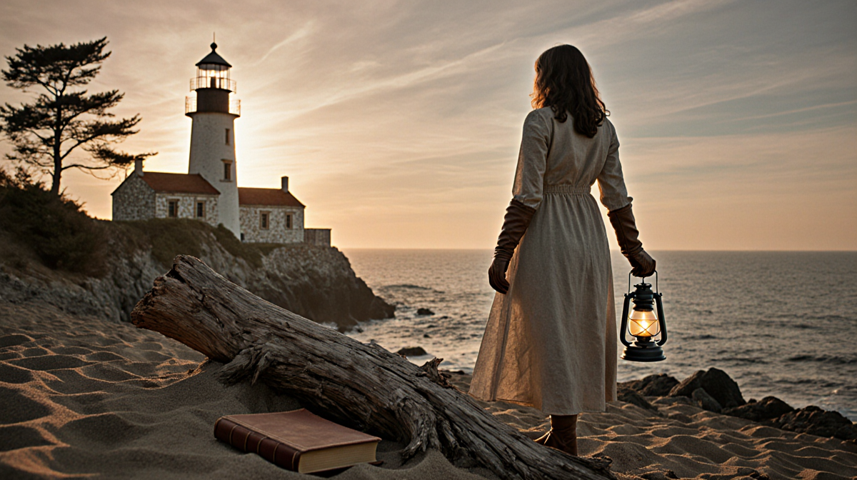 Woman stands at a rugged coastline and gazes at the sea with a lantern beside a lighthouse