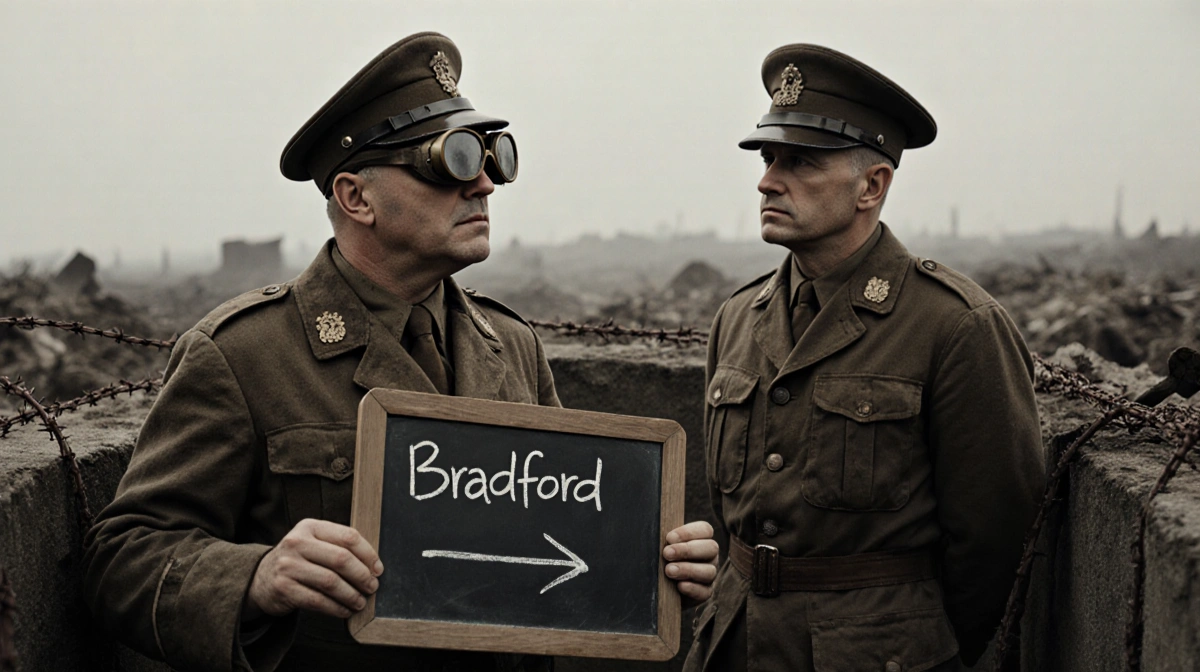 Mr. Fyton stands in military uniform with chalkboard reading Bradford while Alderman Duxbury gazes through goggles at Somme b