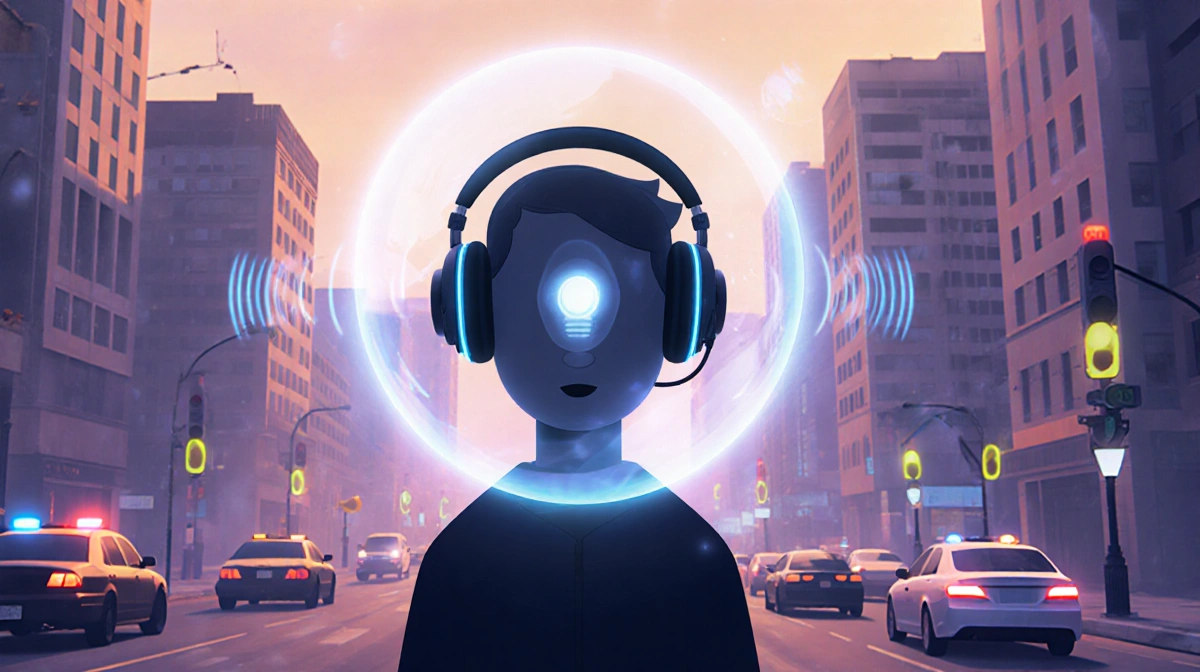 Person wearing headphones is surrounded by translucent sound bubble with glowing effect and fading cityscape ambient sounds