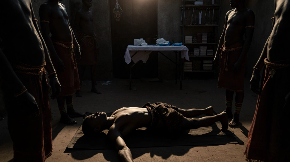 Young man lying motionless on mat with initiates in traditional regalia and dim courtyard at dusk.