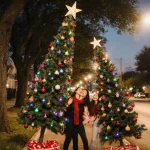 Friends smile holding hands beside intertwined Christmas trees with colorful lights and holiday star in South Austin street.