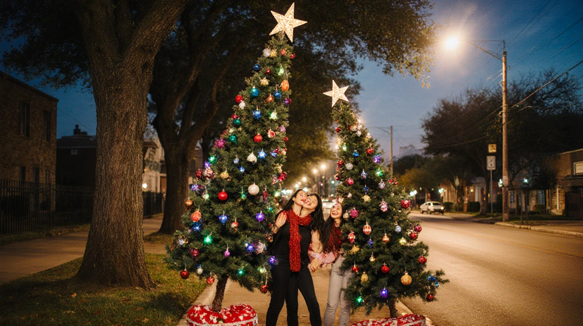Friends smile holding hands beside intertwined Christmas trees with colorful lights and holiday star in South Austin street.