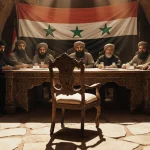 Men gather around a carved wooden table with banners and an empty chair in golden light Yemen separatists