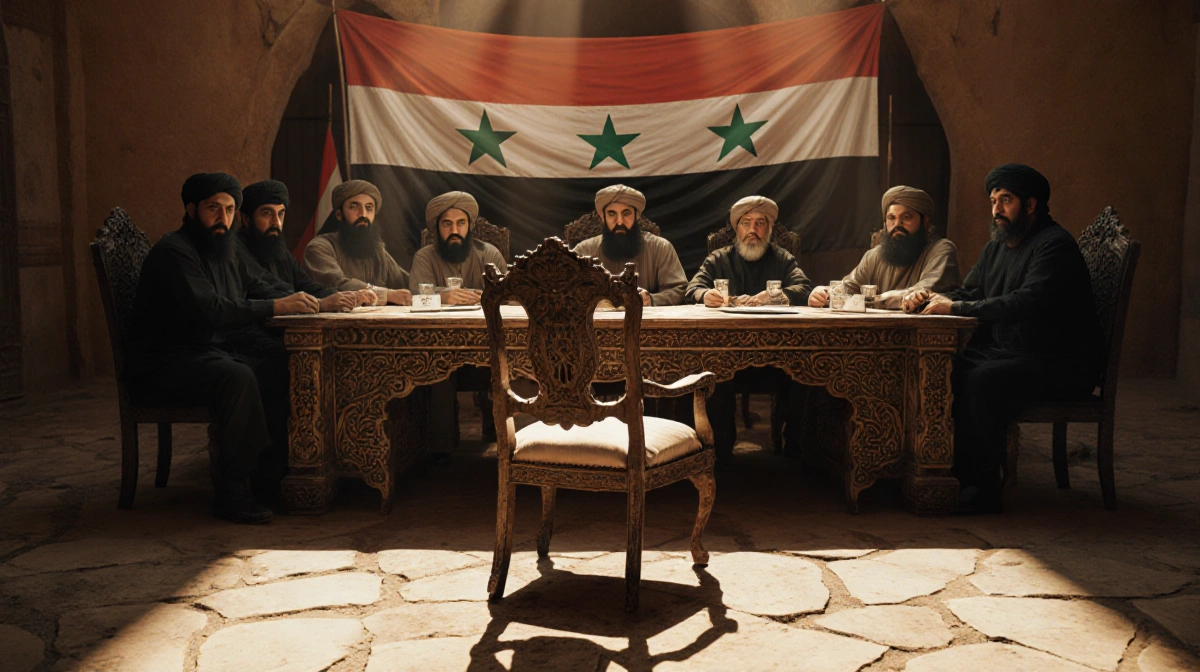 Men gather around a carved wooden table with banners and an empty chair in golden light Yemen separatists