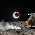 Spacecraft descending onto lunar surface with bright full moon and ring‑of‑fire eclipse lighting the barren landscape