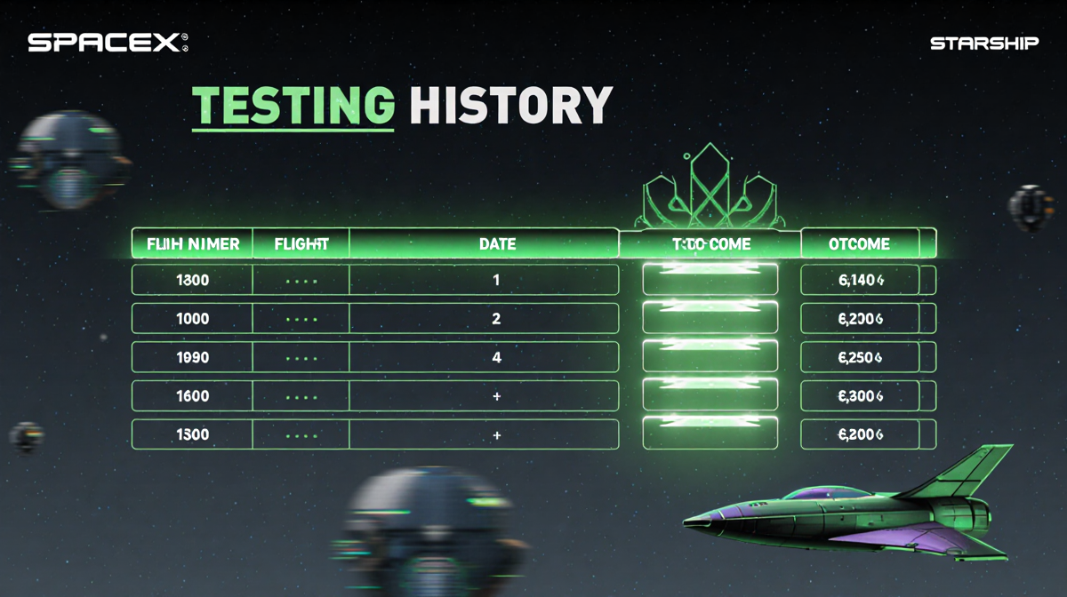 Table displaying Starship flight history with neon green accents and highlights on successful launches