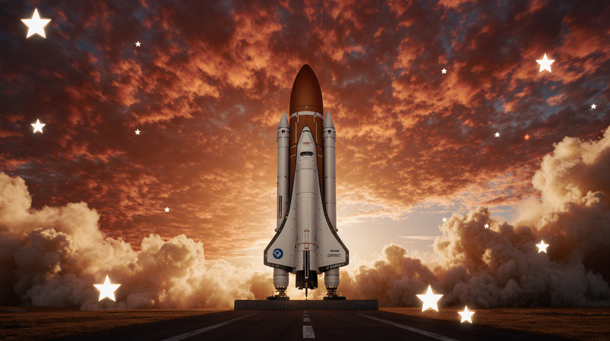 SpaceX Starship V3 rocket stands tall with fiery orange‑red sunset sky and starry lights near its base and misty atmosphere