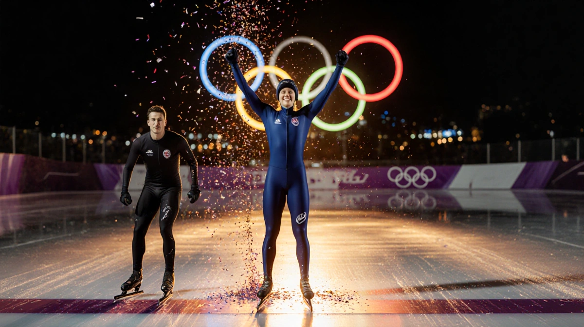 Casey Dawson triumphantly raising arms at speed skating finish line with confetti and golden light and Olympic rings behind