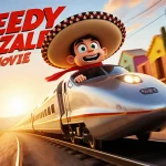 Speedy Gonzales riding bullet train through Mexican sunset with sombrero and red scarf blowing in wind