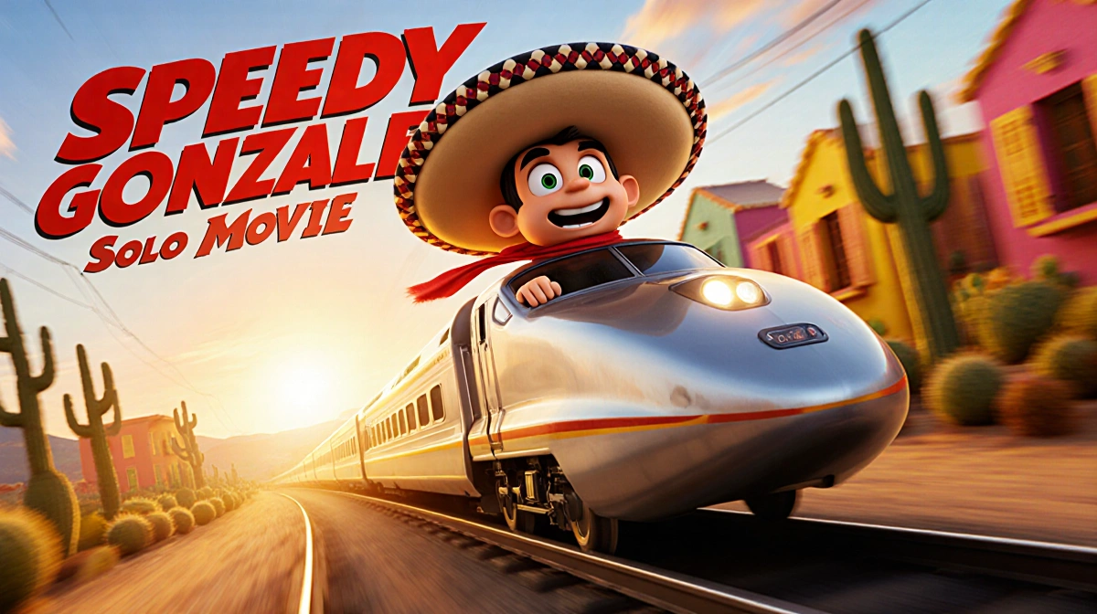 Speedy Gonzales riding bullet train through Mexican sunset with sombrero and red scarf blowing in wind