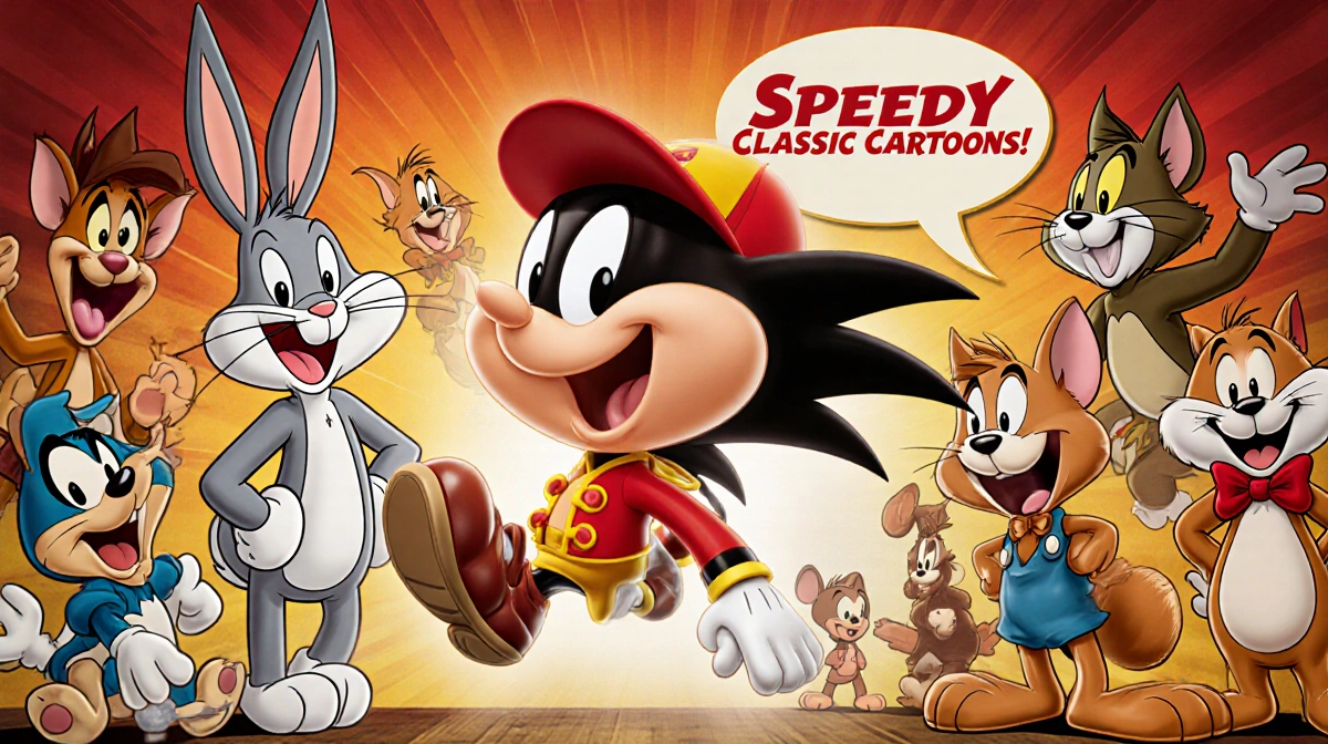 Speedy Gonzales racing past Bugs Bunny and Tom with vintage cartoon background showing classic characters