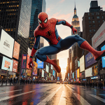 Spider-Man swinging through skyscrapers with neon lights reflecting on wet pavement and Times Square backdrop in New York Cit