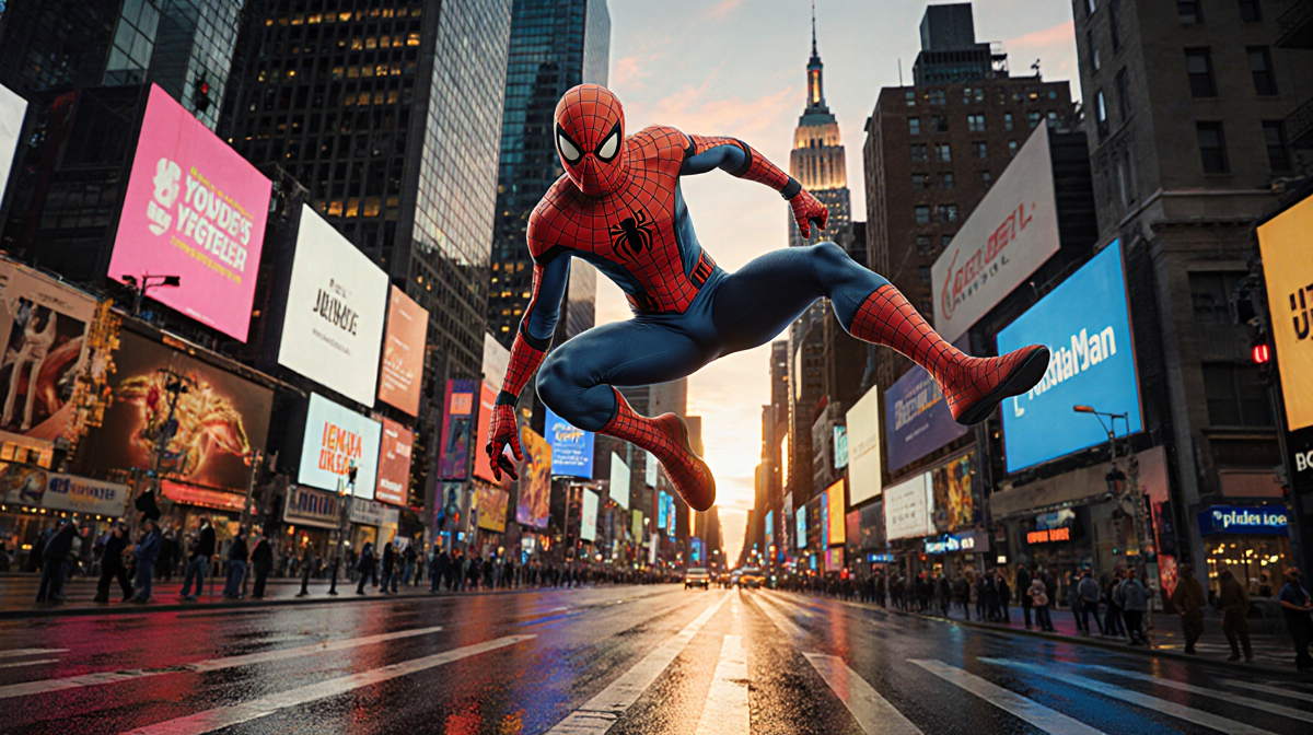 Spider-Man swinging through skyscrapers with neon lights reflecting on wet pavement and Times Square backdrop in New York Cit