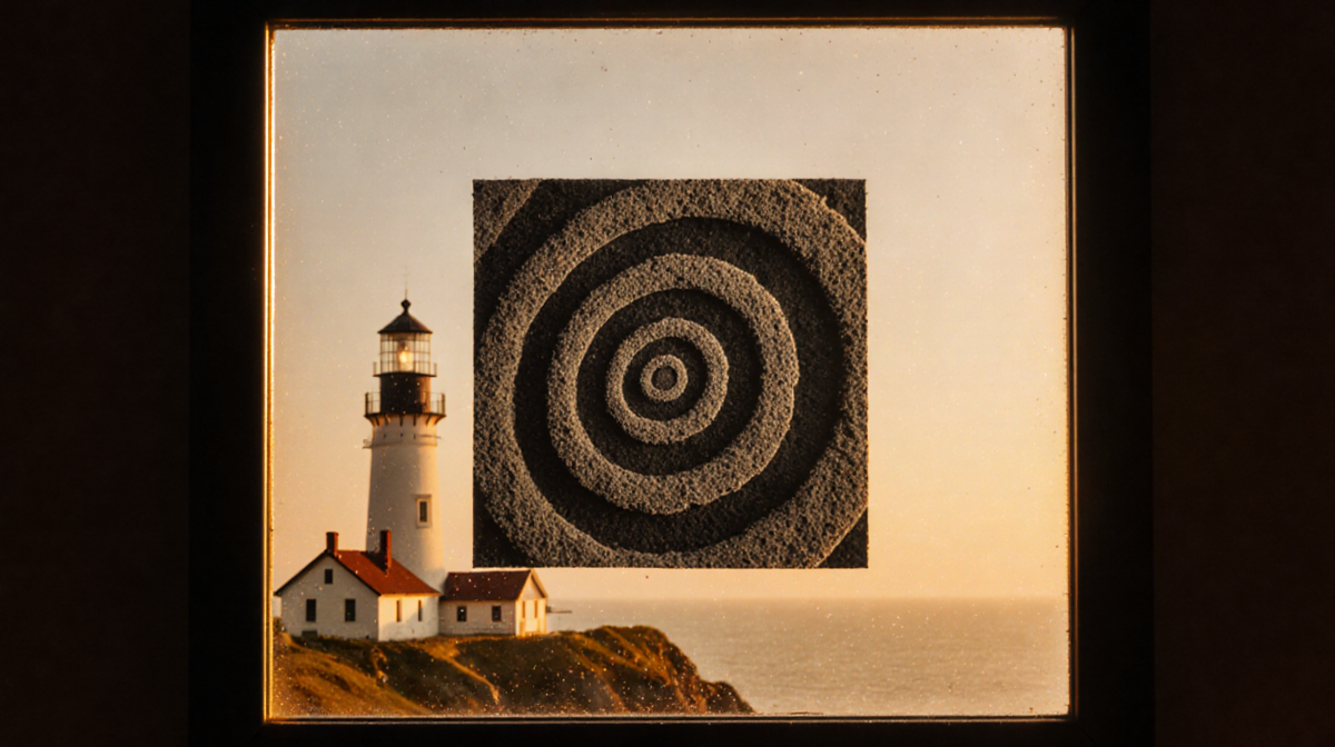 Spiral stair tread rubbing on charcoal with warm golden background and faint lighthouse outline.