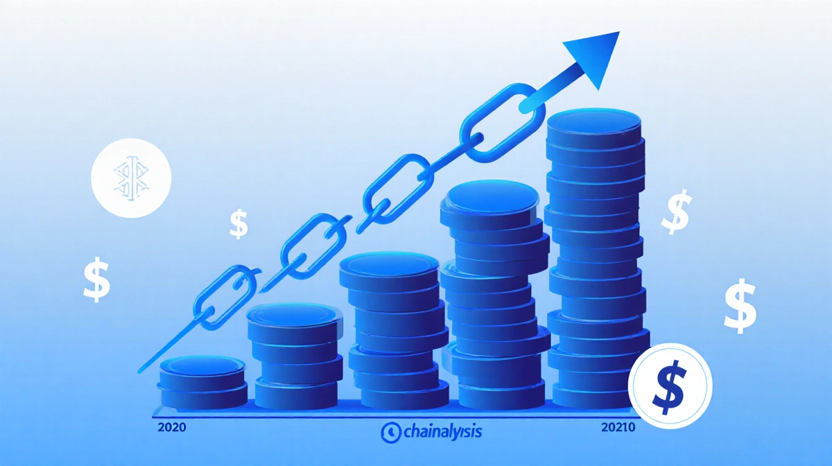 Rising stack of circles growing seven-fold with chain links and crypto symbols on blue gradient background