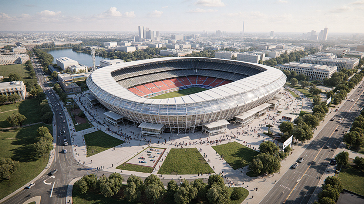 Bird's-eye view of a modern stadium with clean lines and green promenades surrounding the National Mall.