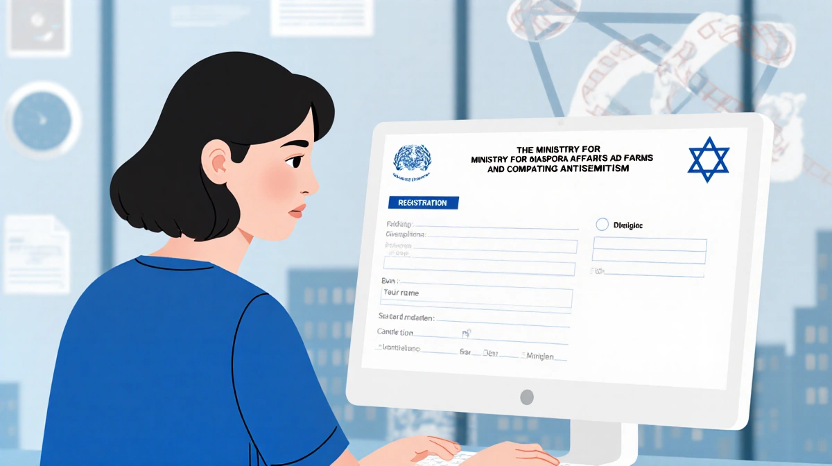 Staff member filling out form with worried expression and blurred backdrop of bureaucracy and criticism