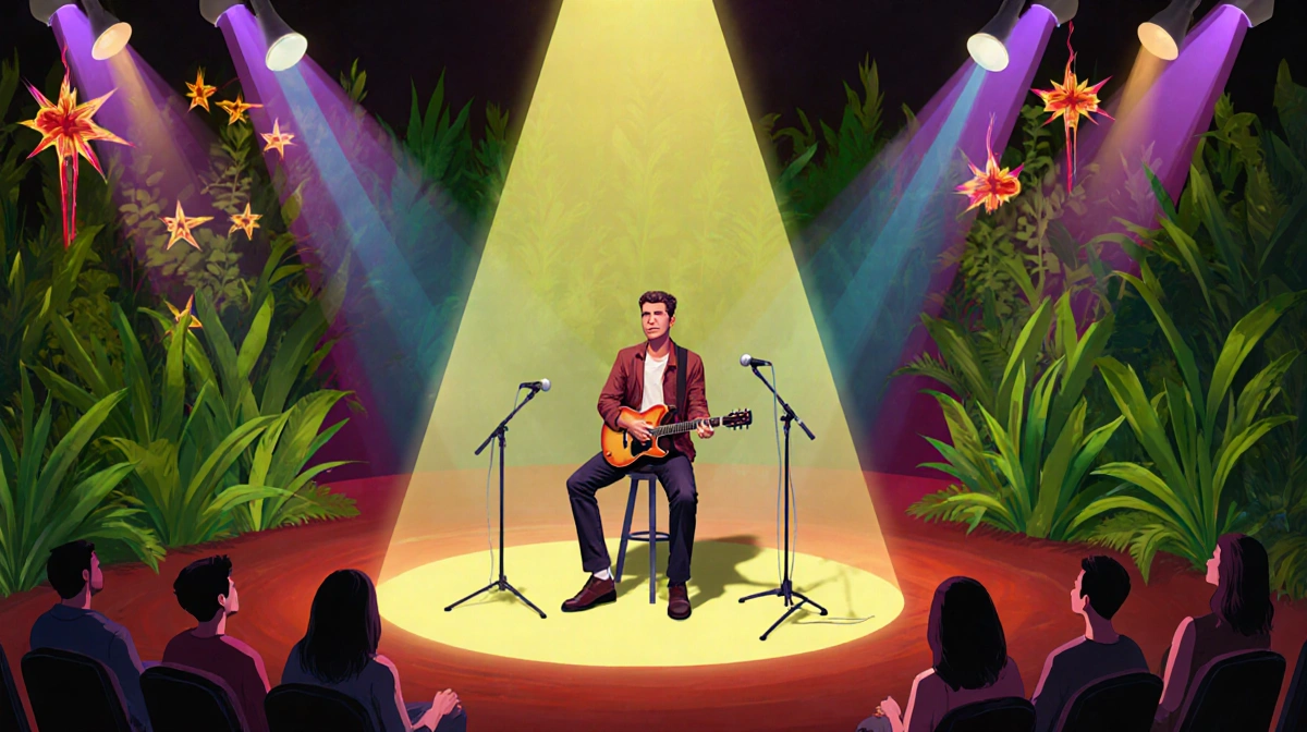 Musician seated strumming guitar with spotlight and lush greenery backdrop, tiny audience surrounding stage.