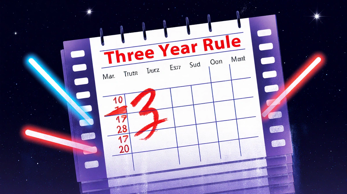 Calendar planner showing three-year cycle marked in red with Star Wars themed colors and lightsaber background