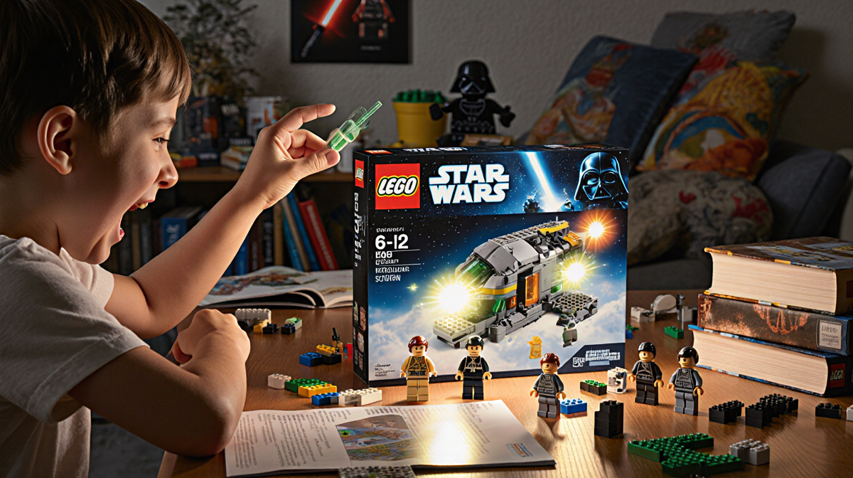 Child excitedly holds a glowing Star Wars Lego set with interactive bricks and minifigures and a warm glow from the set light