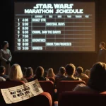 Movie fans fill theater seats with Star Wars marathon on screen and cosplayers waiting by door