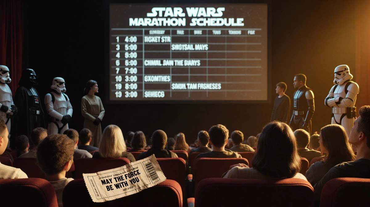 Movie fans fill theater seats with Star Wars marathon on screen and cosplayers waiting by door