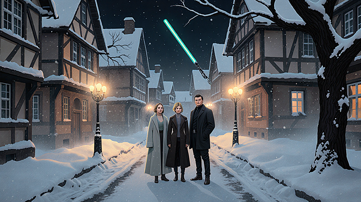 Patricia Clarkson Jennifer Lawrence and Leonardo DiCaprio standing together with snowy European town night and glowing Star W