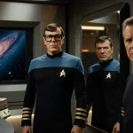 Captain Kirk standing confidently in a lit corridor with golden lighting and a Starfleet viewscreen and a reflective mirror