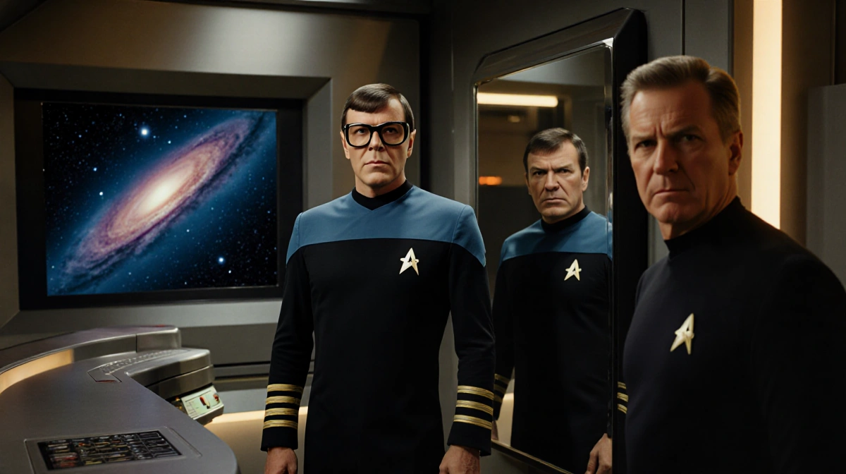 Captain Kirk standing confidently in a lit corridor with golden lighting and a Starfleet viewscreen and a reflective mirror