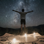 Young adult standing under starry night sky embracing stars with glowing astrology chart on ground.