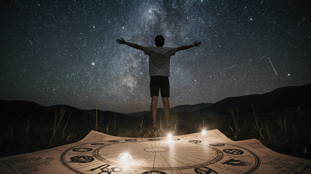 Young adult standing under starry night sky embracing stars with glowing astrology chart on ground.