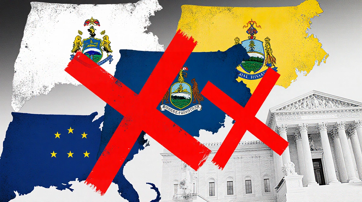 Four state flags overlaid with red X symbols with a faint clinic outline indicating funding cuts and suspended lawsuits