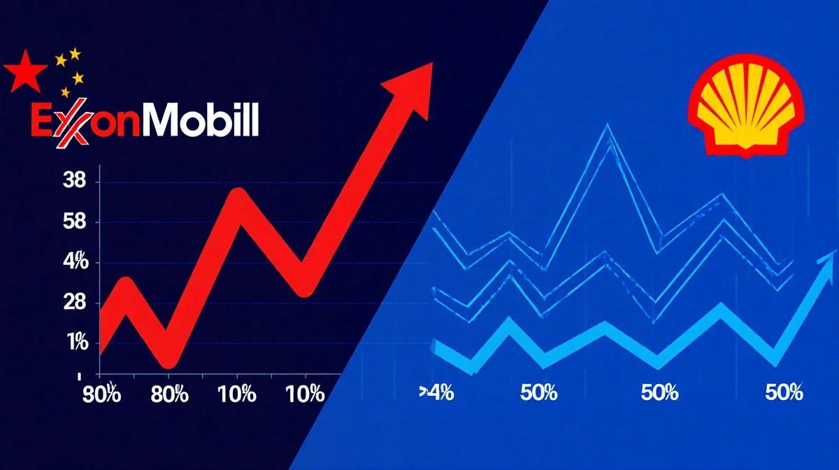 Split screen chart shows rising red CO2 emissions line for state companies with ExxonMobil logo while falling blue emissions 