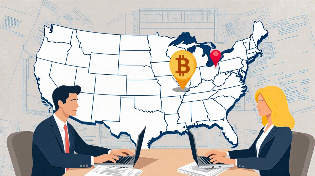 State lawmakers meeting with laptops showing Bitcoin documents and maps with red pin highlighting one state