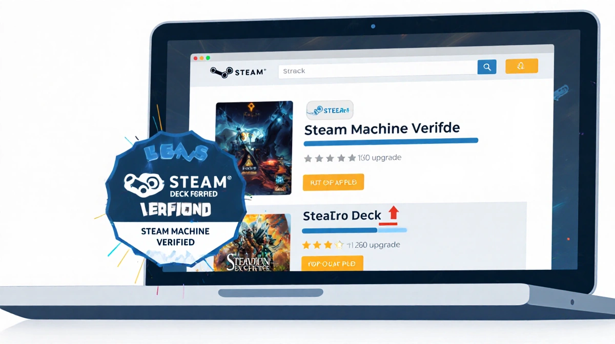 Steam Deck Verified badge replacing Steam Machine badge on store page with laptop showing updated game listing