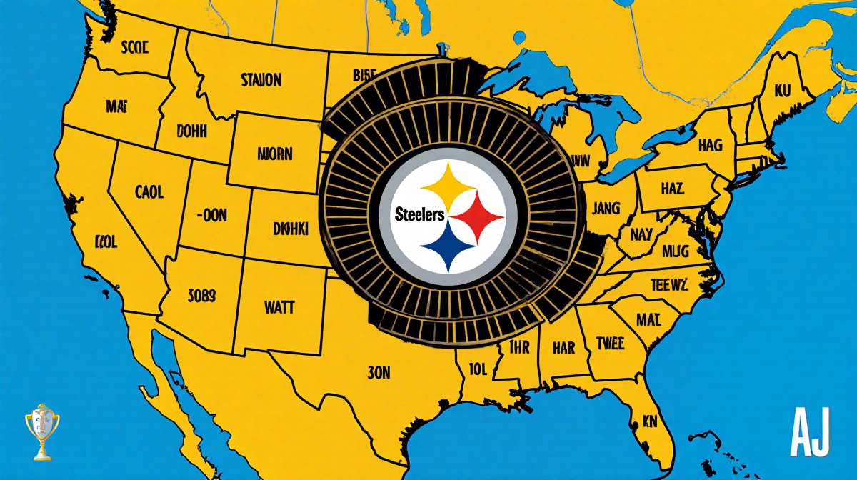 Steelers logo dominates map with Acrisure Stadium highlighted and AFC North standings showing winning streak.