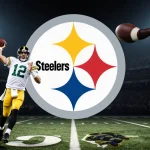 Aaron Rodgers throwing a football pass with Steelers logo and stadium lights in background and a hanging field goal attempt.
