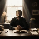 Stefan Merrill Block writing at desk with book in hands and warm light from window behind