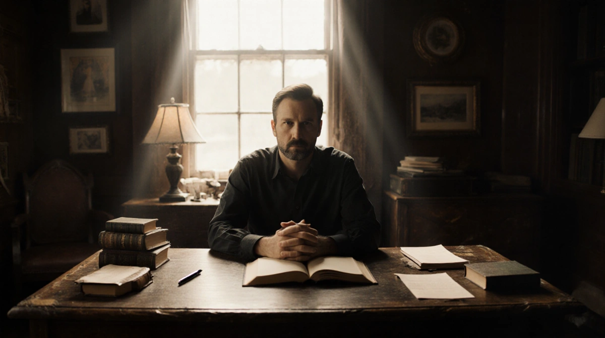 Stefan Merrill Block writing at desk with book in hands and warm light from window behind