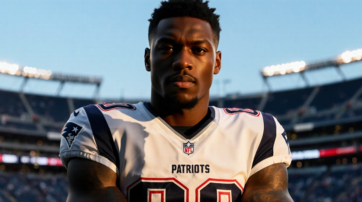 Stefon Diggs stands with arm crossed over chest and a chef hat shadow against a blurred Patriots stadium background