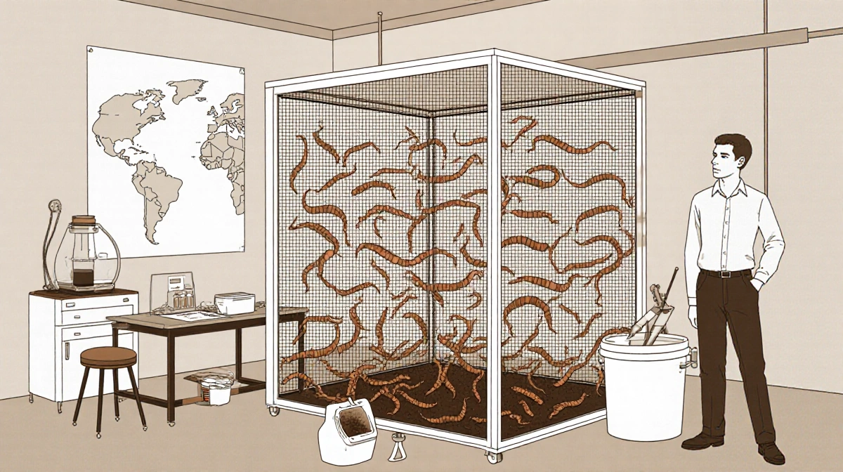 Miller releasing genetically modified screwworms from a mesh enclosure with monitoring equipment and a subtle map background