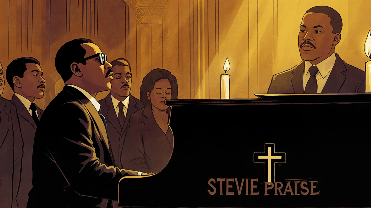 Stevie Wonder singing hymn at piano with golden lights and candles near mourners at Martin Luther King Jr. funeral