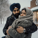 Store manager Mirza Hussain carries a woman with scarf in a Texas street under golden light.