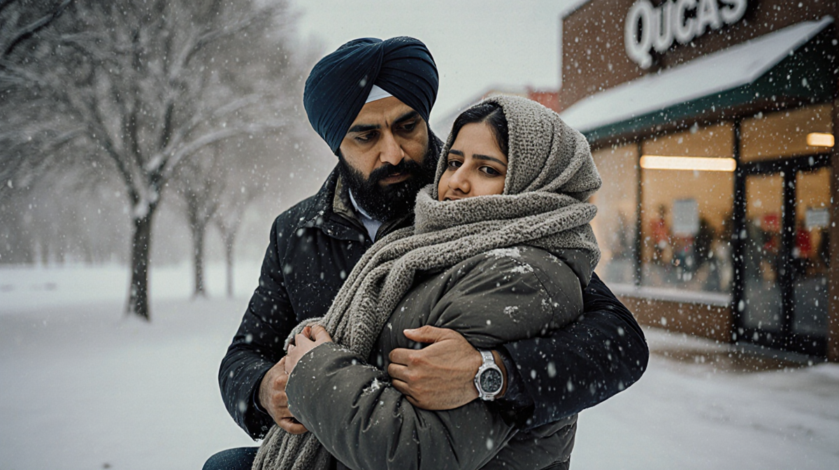 Store manager Mirza Hussain carries a woman with scarf in a Texas street under golden light.