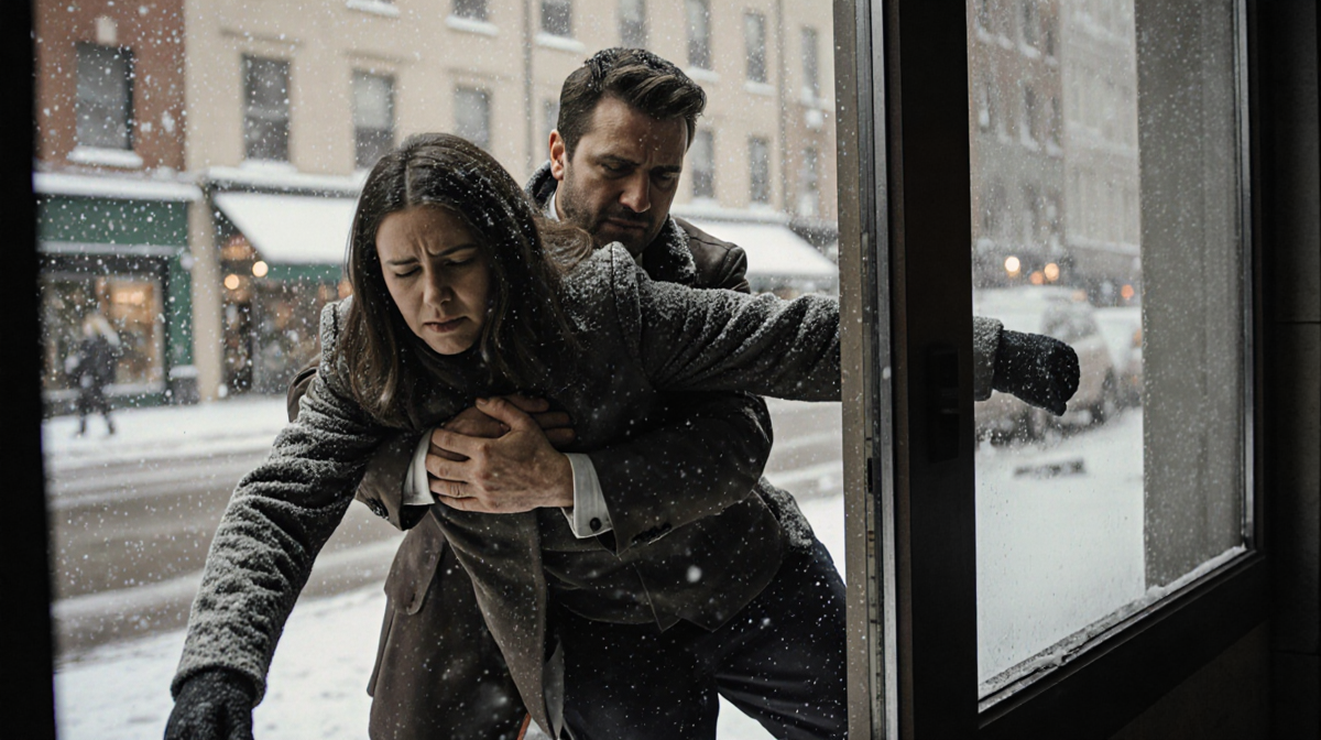 Store manager rescuing woman in winter with snowy street outside showing compassion